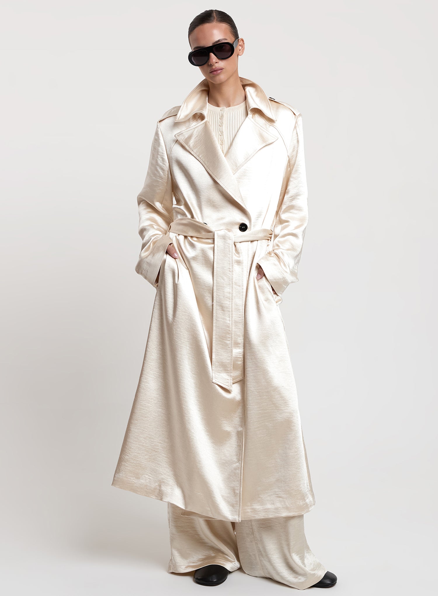 Cream Satin Belted Trench Coat